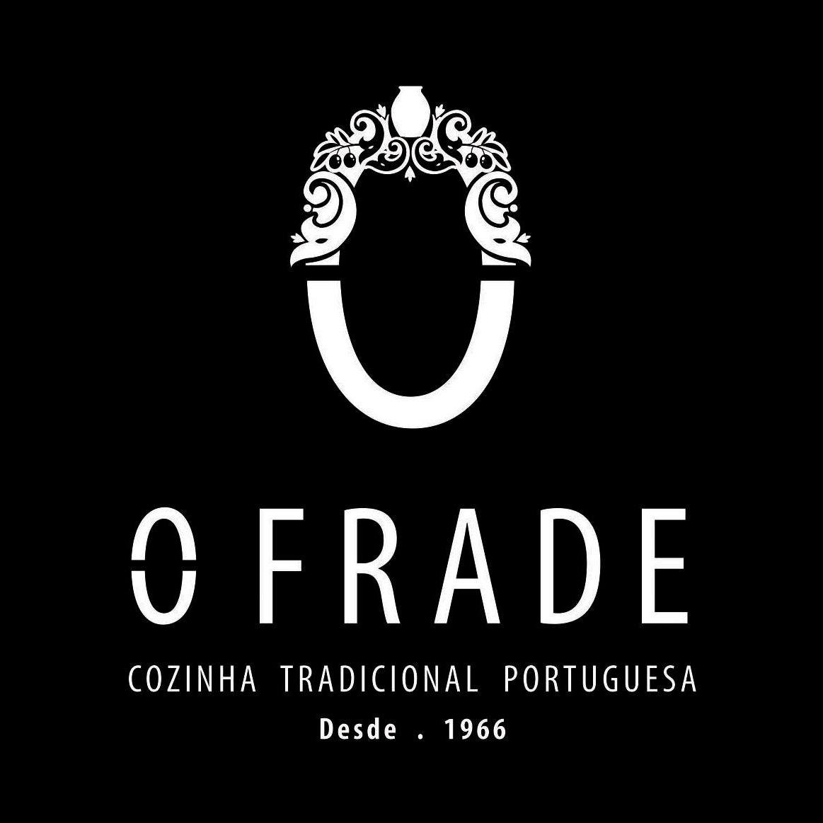 Logotipo com desenho ornamental de um "U" invertido e a inscrição "O Frade - Cozinha Tradicional Portuguesa - Desde 1966".